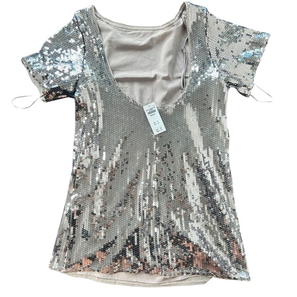 Abercrombie & Fitch Sequin Tee Shift Mini Dress Silver NWT Medium Petite - Picture 12 of 14
